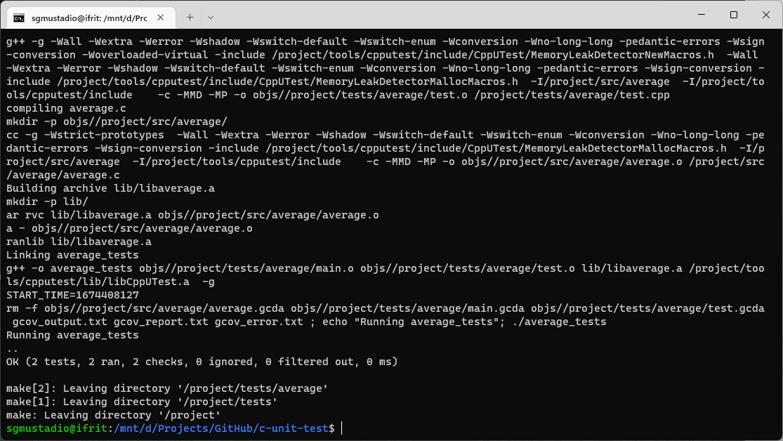 Unit test output log from CppUTest