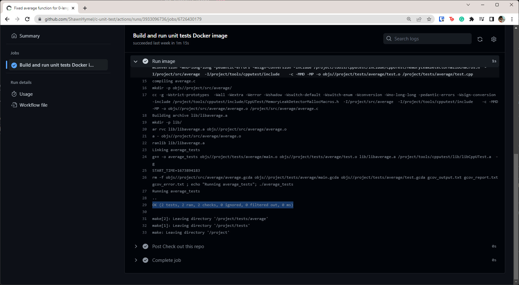 CppUTest unit tests running in GitHub Actions workflow